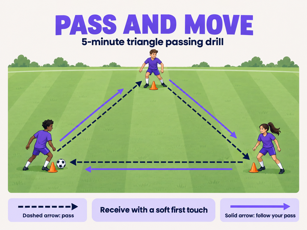 Three young footballers practise triangle passing, with dashed arrows for passes and solid arrows for following the ball