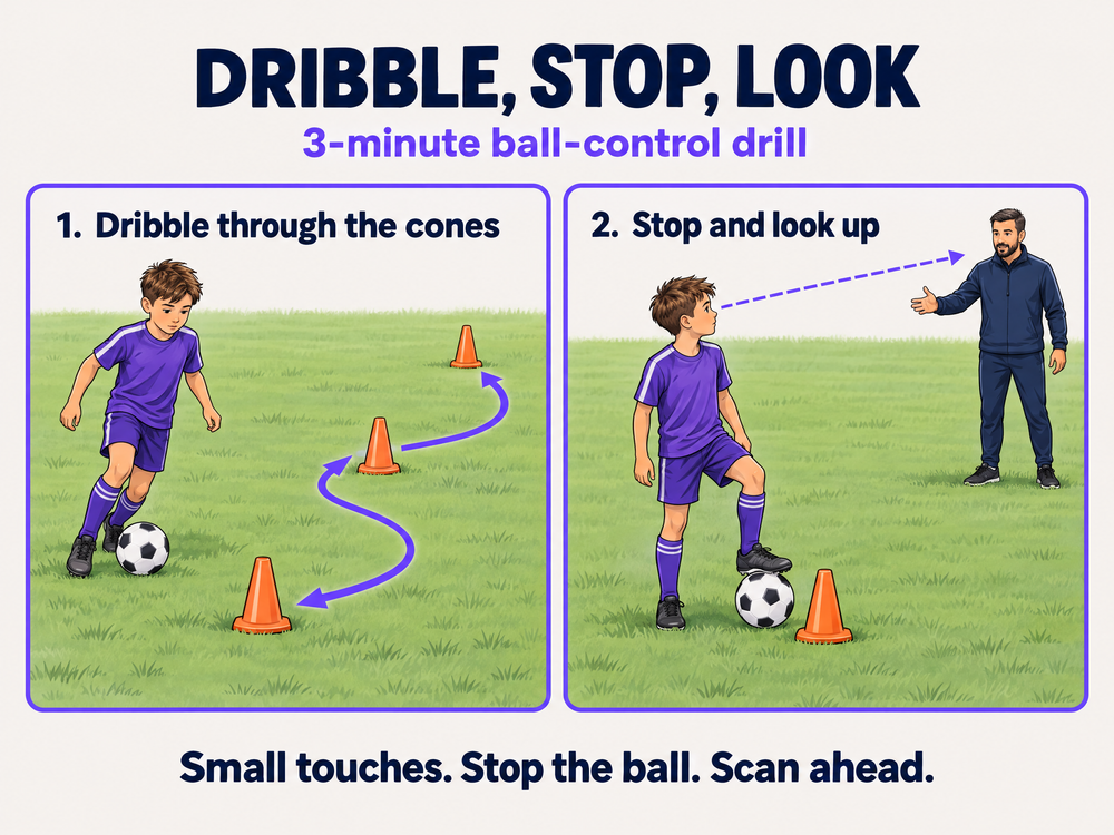 A young footballer dribbles through cones, then stops the ball under one foot and looks up towards a coach