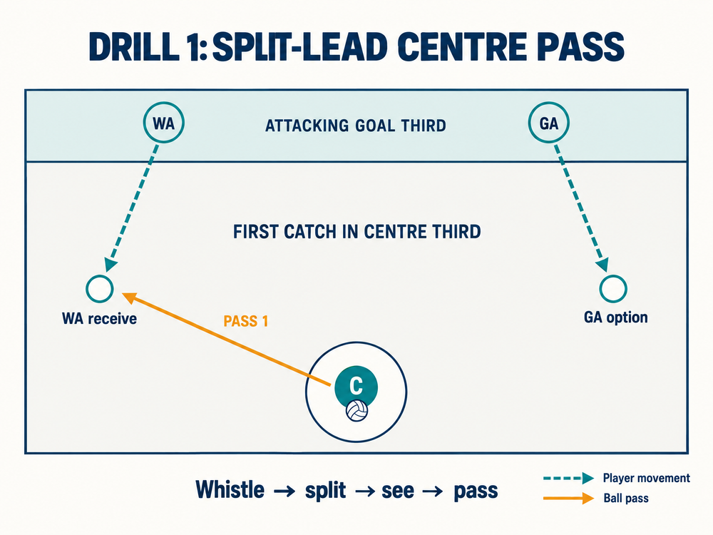 Overhead netball drill showing WA and GA splitting into separate centre-third channels after the whistle, with C passing to WA.