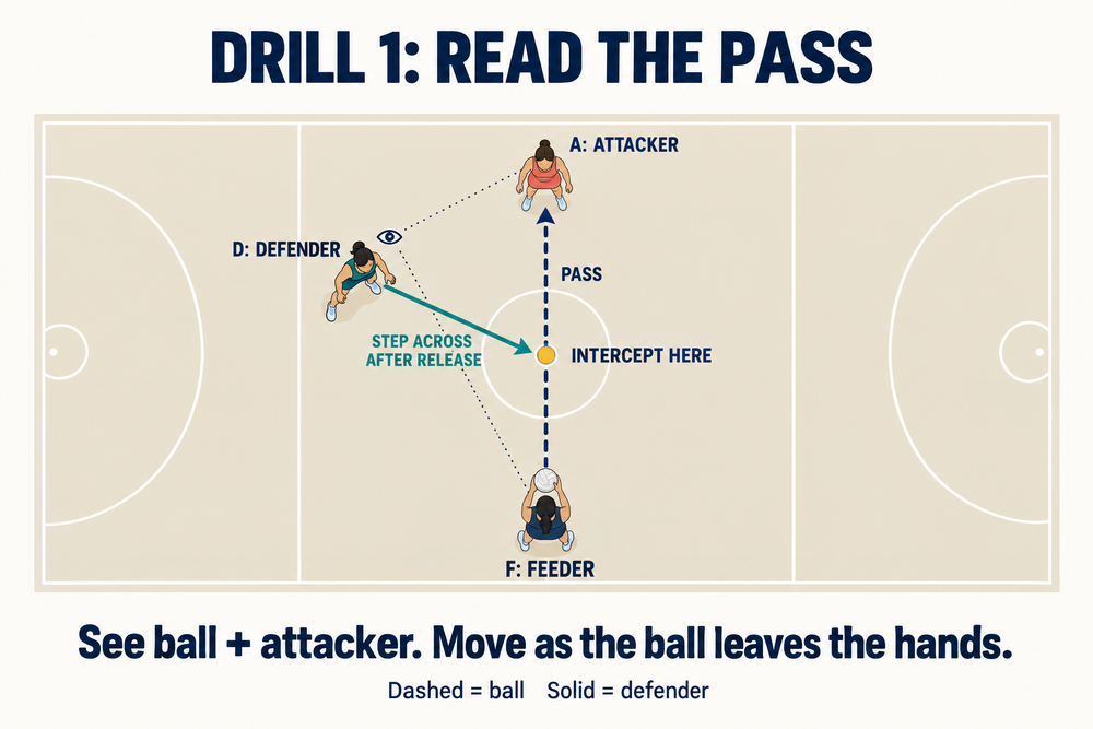 Overhead drill illustration showing a feeder, attacker and defender, with the passing lane and diagonal interception route labelled
