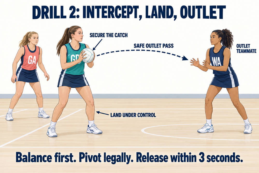 Labelled netball technique illustration showing a defender securing the catch in a balanced stance and identifying a safe outlet teammate