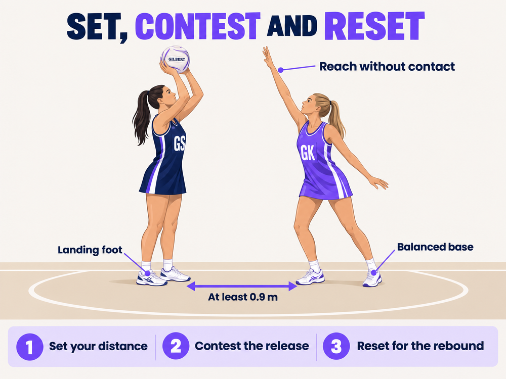 Side-on illustration of a GS preparing to shoot and a GK contesting from at least 0.9 metres, with labels identifying the landing foot, balanced base and contact-free reach.