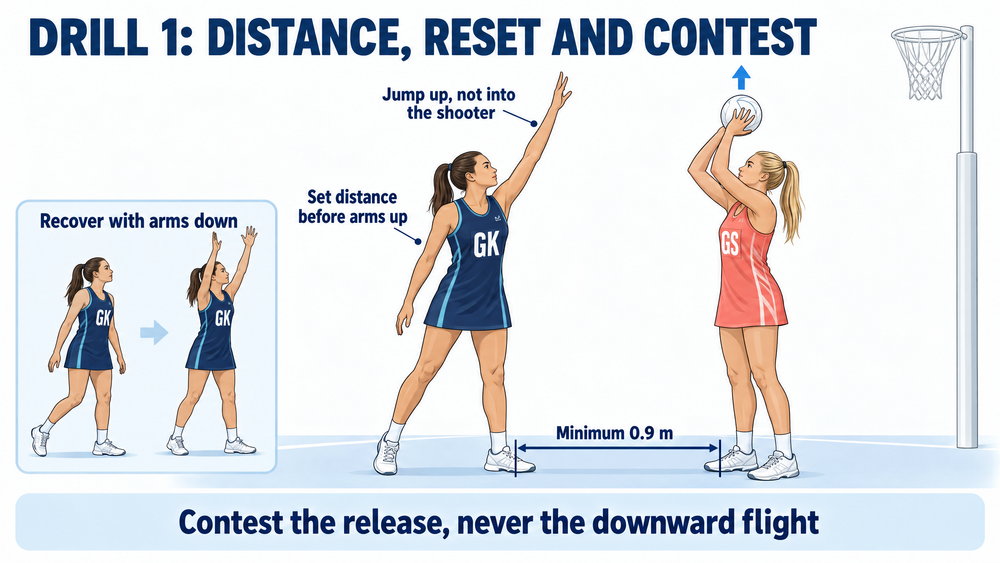 Netball goalkeeper establishes a minimum 0.9-metre defending distance before raising an arm to contest a shot