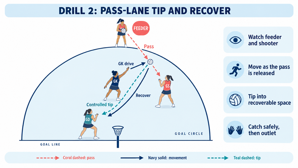 Netball goal-circle drill showing a goalkeeper driving into a passing lane and tipping the ball towards goal defence