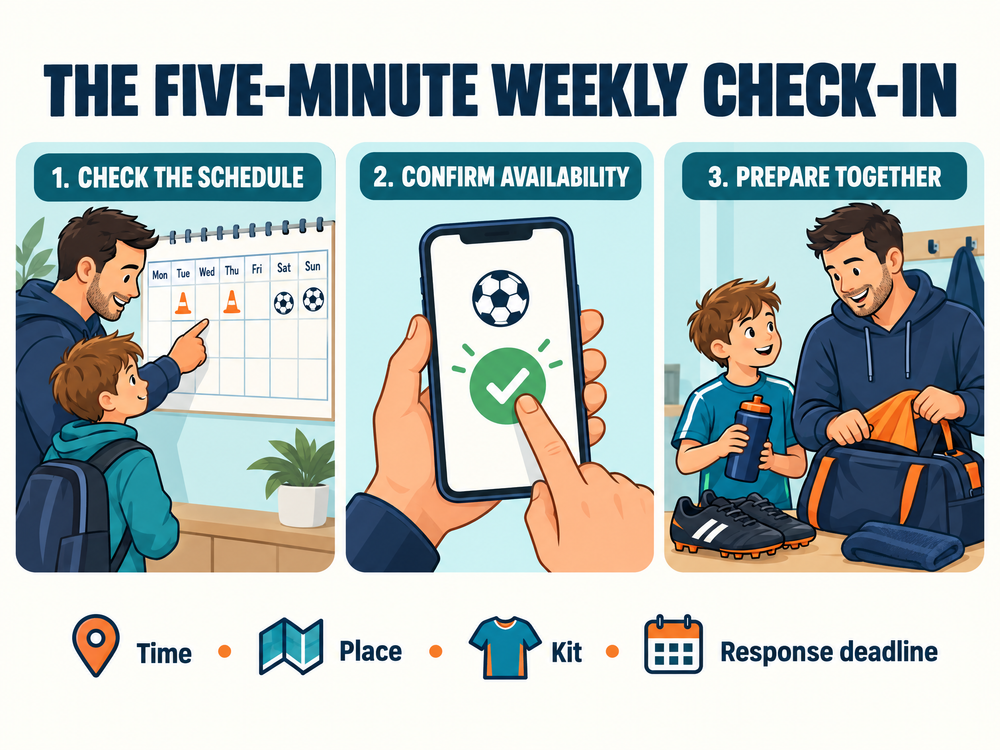 Three steps for a five-minute weekly check-in: check the schedule, confirm availability and prepare equipment together