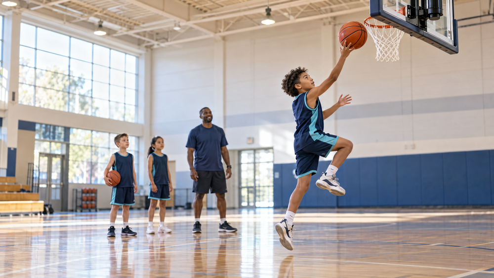 Young basketball player practising a right-handed layup with a coach and teammates in an indoor sports hall