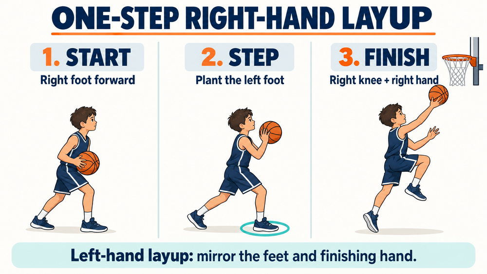 Three illustrated stages of a one-step right-handed layup: right foot forward, plant the left foot, then lift the right knee and finish with the right hand