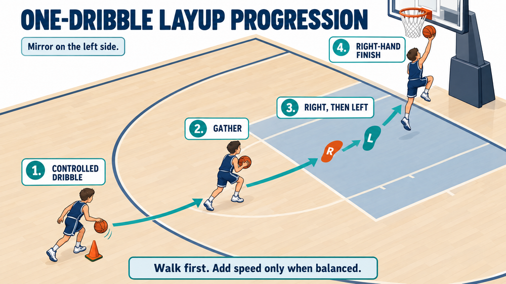 Annotated right-side layup route showing a controlled dribble, a two-hand gather, right and left final steps, and a right-handed finish