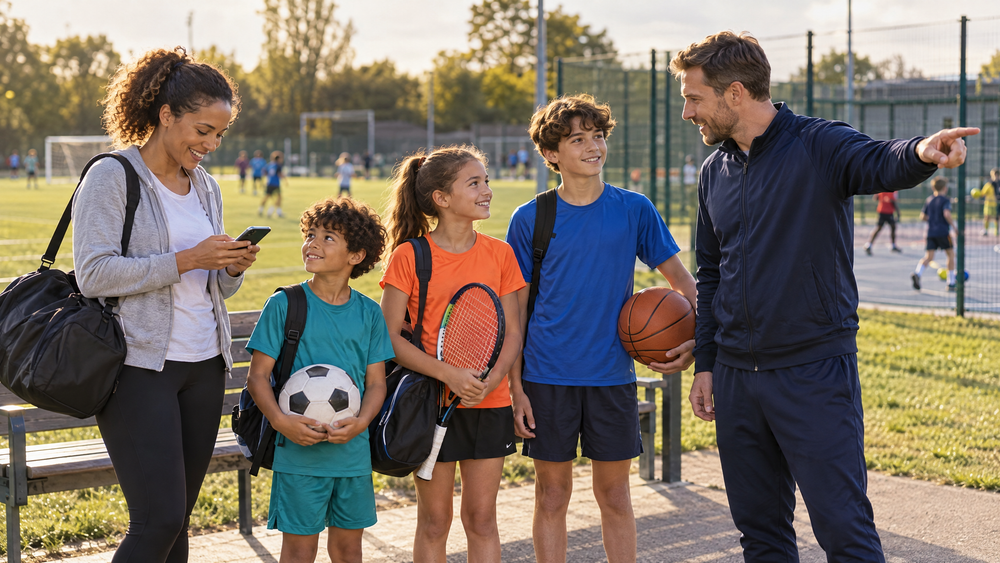 A parent and coach calmly coordinate three children carrying football, tennis and basketball equipment at a community sports centre.