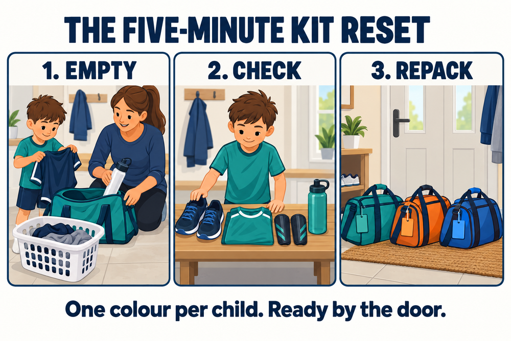 Three stages of a colour-coded sports kit reset: empty used kit, check essentials and repack each child's bag.