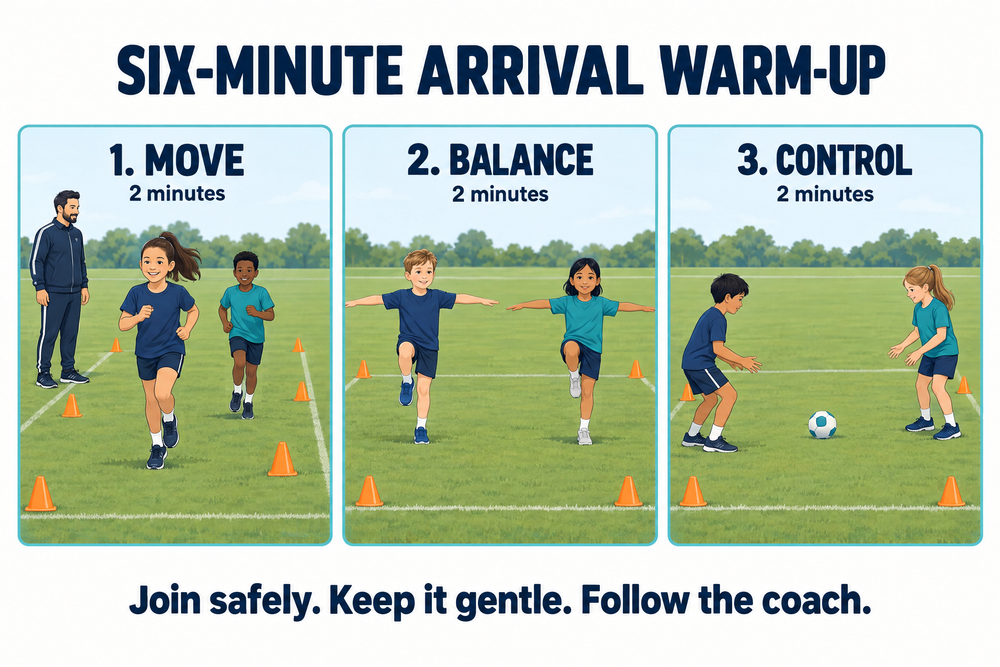 A supervised arrival warm-up with two minutes of gentle movement, two minutes of balance and two minutes of soft-ball control.