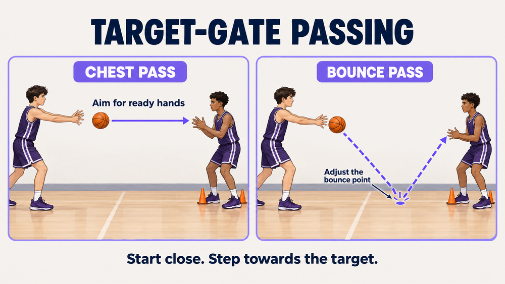 Two side-view illustrations comparing a chest pass aimed at ready hands with a bounce pass using an adjustable floor landing point