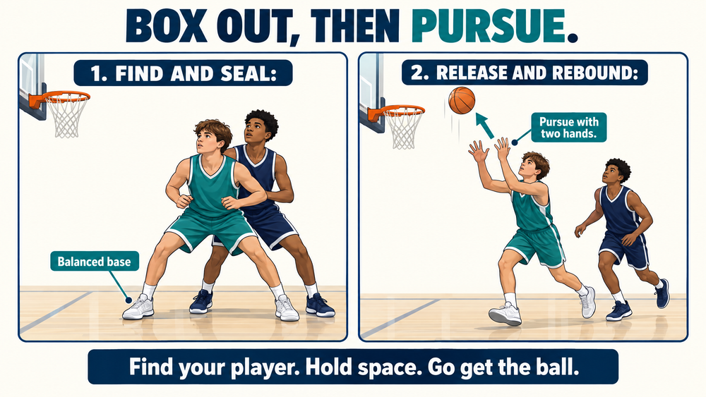 Two-panel illustration showing a balanced box-out followed by releasing to pursue the rebound with two hands
