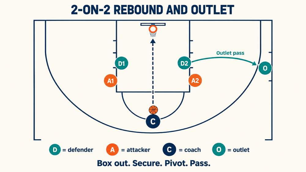 Half-court diagram showing two defenders inside two attackers, a coach shooting and a sideline outlet target