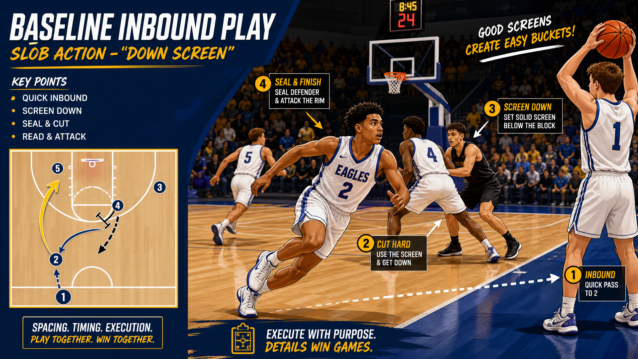 Baseline Box Inbound: Double Down Screen to Wing Pop and Rim Cut