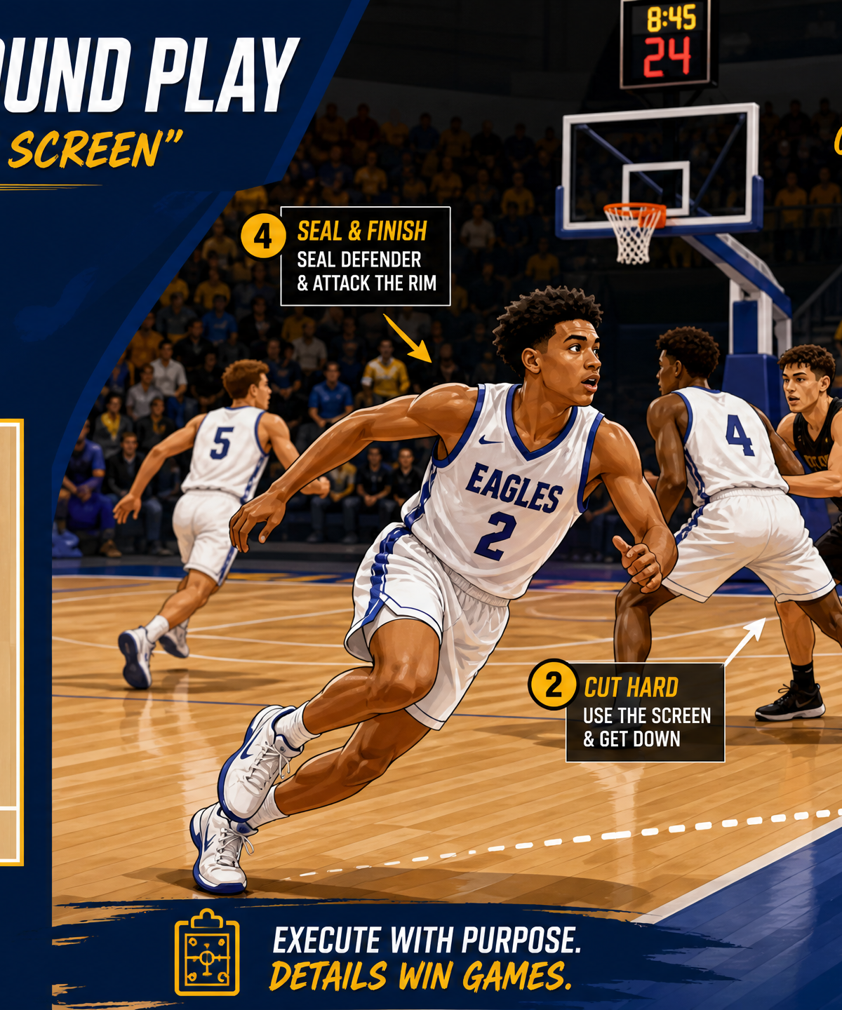 Baseline Box Inbound: Double Down Screen to Wing Pop and Rim Cut