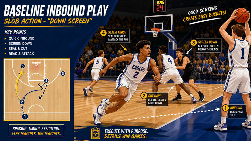 Baseline Box Inbound: Double Down Screen to Wing Pop and Rim Cut