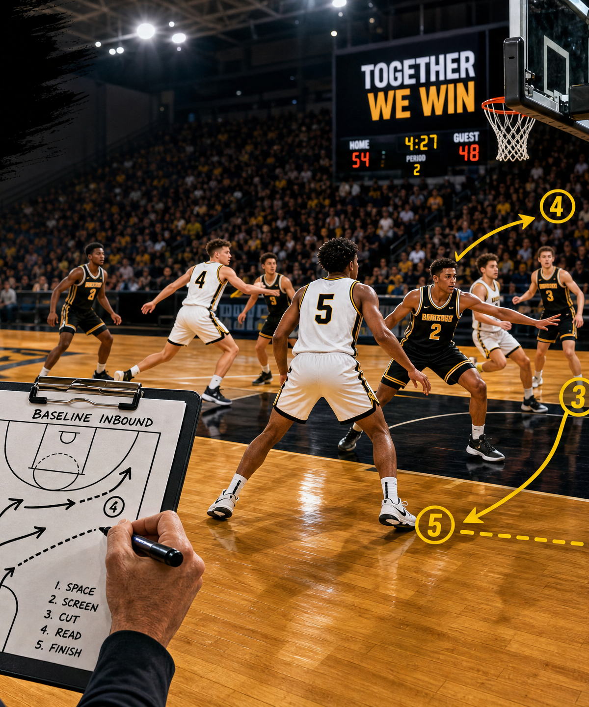 Box Elbow Screen: High-Low Baseline Inbound for a Rim Finish