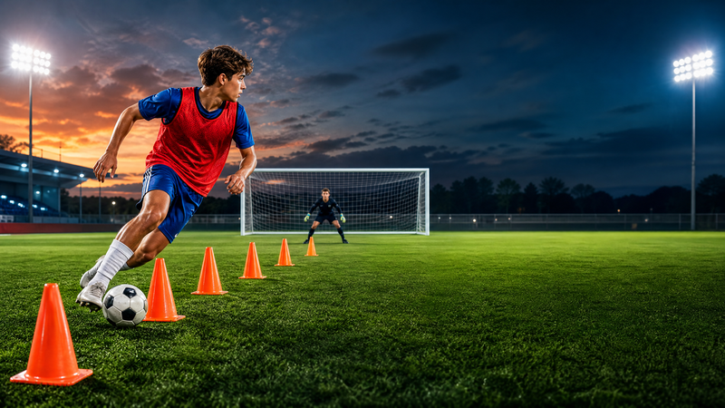 Dynamic Slalom to Finish: Dribbling Through Cones with a #9 Finish