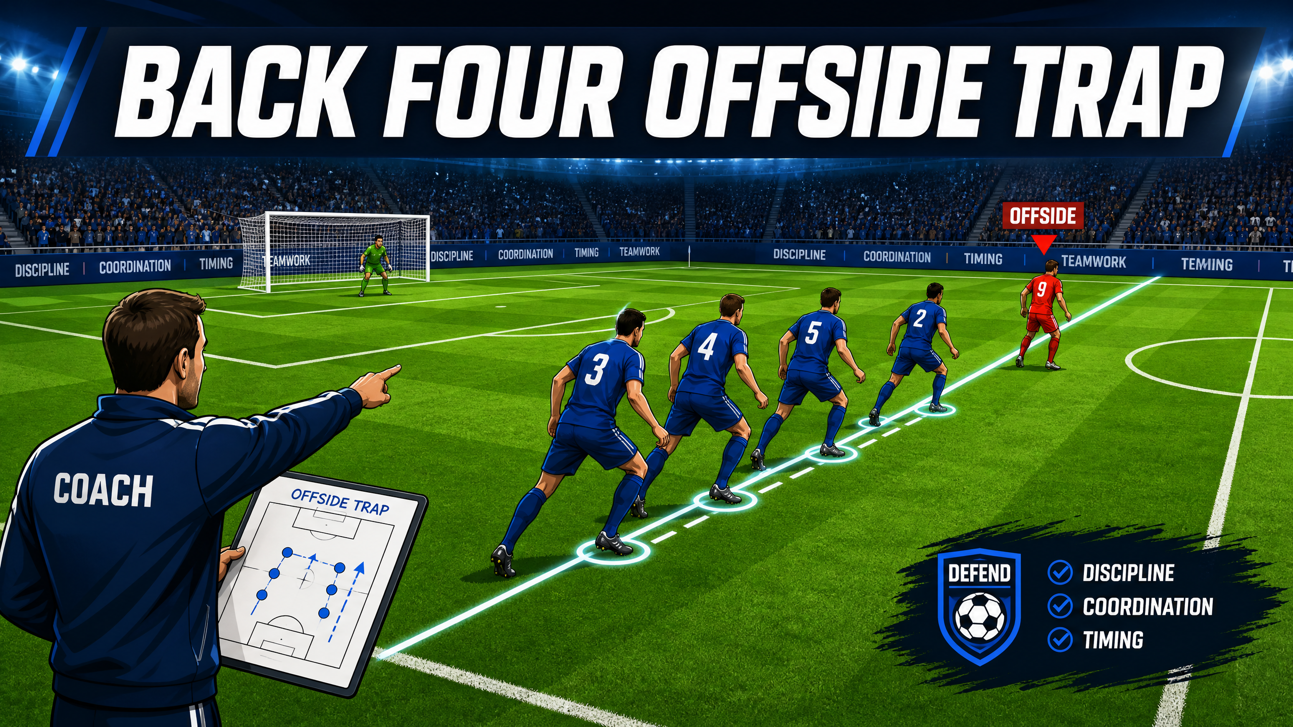 Mastering the Back-Four Offside Trap: Synchronization and Timing